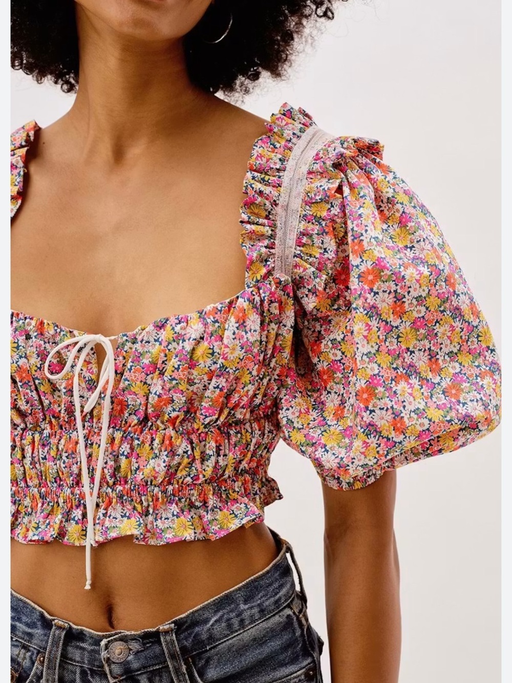 For Love and Lemons Libby Floral Puff Sleeve Crop